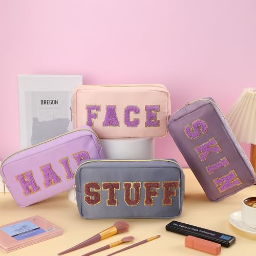 Preppy Makeup Bags Chenille Letter Stuff Bag Nylon Cosmetic Pouch Cases with Zipper for Women Travel Toiletry(Purple Set,Classic,4 Pcs) - color: Purple Set, size: Classic