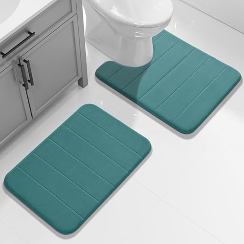 Yimobra U-Shaped Toilet Bath Mat Set 2 Piece - Super Soft Absorbent Quick Dry Memory Foam Bathroom Rugs, Machine Washable Non Slip Floor Carpet for Tub Shower & Single Sink (17x24 & 24x20, Teal) - color: Teal, size: 24x17+24x20 Inch