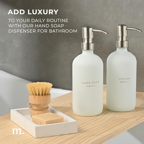 MaisoNovo Soap and Lotion Dispenser Set - Bathroom Soap Dispenser Set with White Soap Dispenser, Silver Pumps & Concrete Tray - color: White Bottles/ Silver Pumps/ White Concrete Tray
