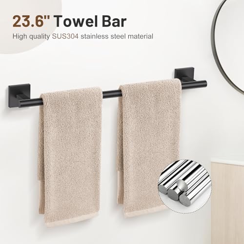 5 Pieces Bathroom Hardware Set Matte Black Towel Bar Set Includes 23.6” Towel Bar, Towel Ring Holder, Toilet Paper Holder and Two Towel Hooks, Bathroom Accessories Set SUS304 Wall Mounted - color: Black, size: 5 Pieces - Standard