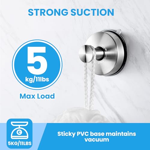JOMOLA Suction Cup Hooks Suction Shower Hook Bathroom Towel Hanger for Shower Storage Kitchen Utensil Stainless Steel, Brushed Finish, 2PCS - color: Silver