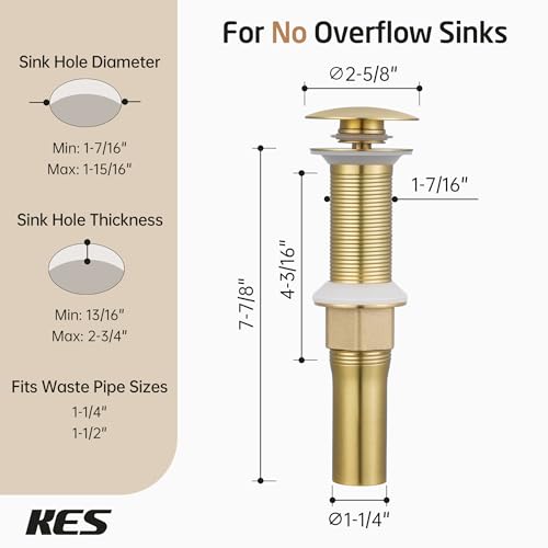 KES Sink Drain without Overflow Anti Clogging Pop Up Drain with Strainer Bathroom Sink Drain Assembly Brushed Gold, S2013D-BZ - color: Brushed Gold, style: for NO overflow sink,1-pack