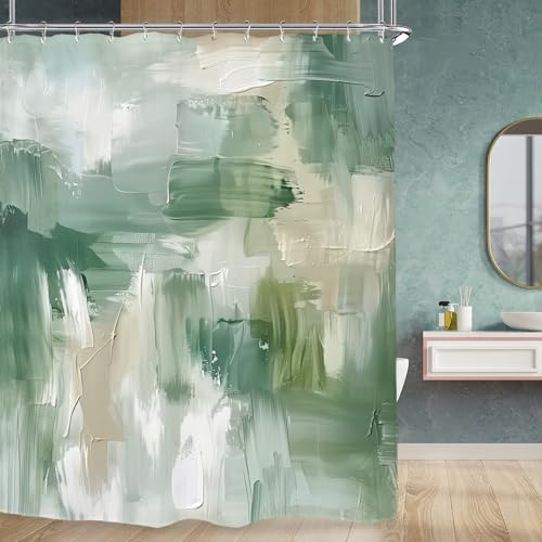 Miyotaa Abstract Sage Green Shower Curtain Set 60Wx71H Inches Brush Stroke Art Neutral Modern Contemporary Oil Painting Waterproof Bathroom Curtain with 12 Hooks - color: Abstract Sage Green, size: 60"W x 71"L (Pack of 1)