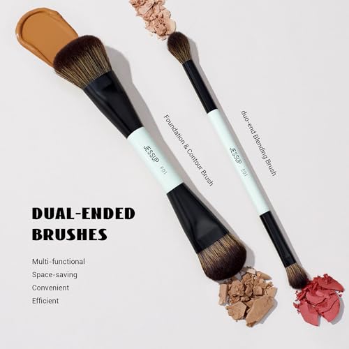 Jessup Makeup Brushes 2pcs Double Sided Foundation Brush Contour Brush Dual Ended Eye Blending Brush, Multi-functional Cosmetic Brush Bright Cyan T502 - style: 2pcs-T502