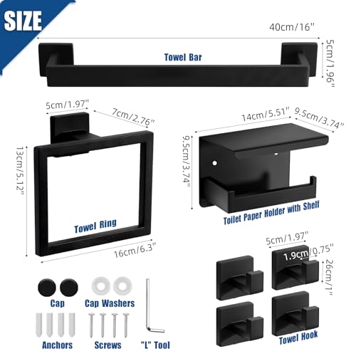 7-Piece Matte Black Bathroom Accessories Hardware Set, Stainless Steel 16" Towel Bar, Towel Ring, Toilet Paper Holder with Shelf, 4 Towel Hooks, Wall Mounted for Bathroom, Kitchen, Hotel - color: Black, size: 7 Pieces