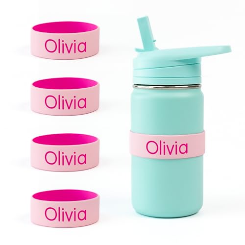 Mabel’s Labels Personalized Two-Tone Engraved Silicone Name Bands – Reusable Dishwasher-Safe Name Bands for Water Bottles, Sippy Cups & Drinkware (Pink & Light Pink, 4 Pack) - color: Pink, size: 4 Count (Pack of 1)