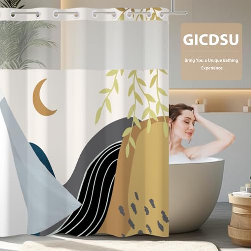 No Hook Shower Curtain Mid Century Boho with Snap in Liner, Hotel Grade Abstract Modern Shower Curtains Set for Bathroom, Spa Like Bath Curtain, Blue, 59" W x 79" L - color: 01 Mid Century - Blue, size: 59"W x 79"L (Pack of 1)