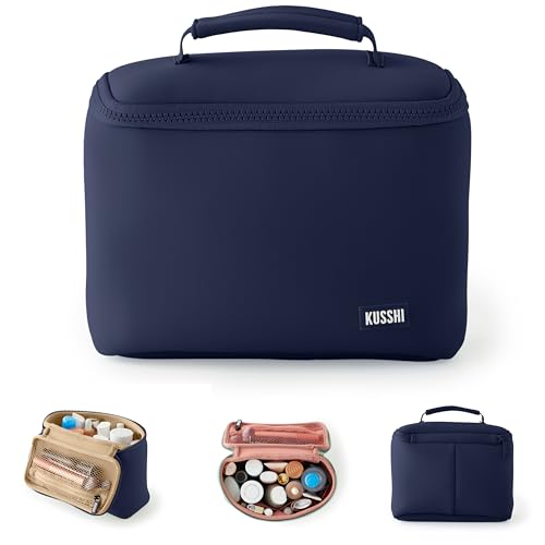 KUSSHI Neoprene Train Case Makeup Bag - Washable Makeup Travel Bag & Vanity Case for Stress Free Travel (Small, Navy/Khaki) - color: Navy/Khaki, size: Small