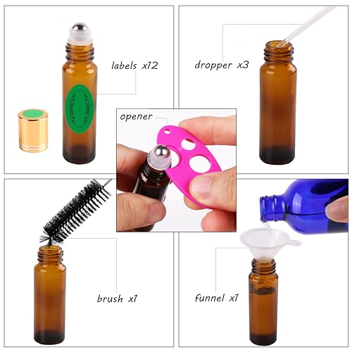 inice 12 Pack Essential Oil Roller Bottles Amber Glass RollerBalls for Essential Oils Refillable Roll on Perfume Bottles with Alloy Caps for Travel - color: Amber Roller Bottles - 12 PACK