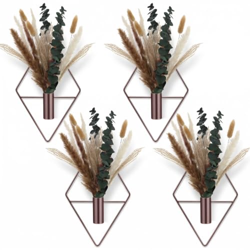 Jexine 4 Pcs Hanging Planters with Artificial Pampas Metal Hanging Vase Indoor Plants Holder Modern Geometric Boho Bathroom Wall Decor for Living Room Home Office, Bronze - color: Bronze, size: Pampas