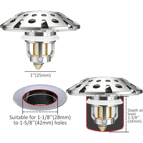 AzWzz Bathroom Sink Drain Strainer, 3 in 1 Pop Up Bathroom Sink Stopper Plug with Hair Catcher Cover, Universal for 1.06 in to 1.6 in Sink Drain, Brushed Nickel - color: Brushed Nickel, style: Bathroom Sink Stopper with Hair Catcher
