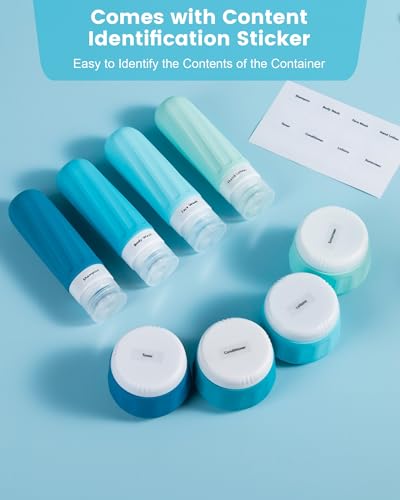 Mrsdry Travel Size Toiletries 8 Pack, TSA Approved 3oz Silicone Squeeze Bottles & Cream Jars with Clear Travel Bag - color: Blue, size: 3oz bottle 3oz jar