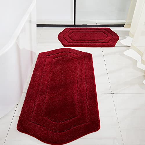 COSY HOMEER Extra Thick Bath Rugs Sets for Bathroom - Anti-Slip Bath Linen Sets Mats Soft Plush Shaggy 100% Strong Polyester Bedroom Water Absorbent(Red,20x32+24x48 -Inches) - color: Red, size: 20"x 32"+24"x 48"