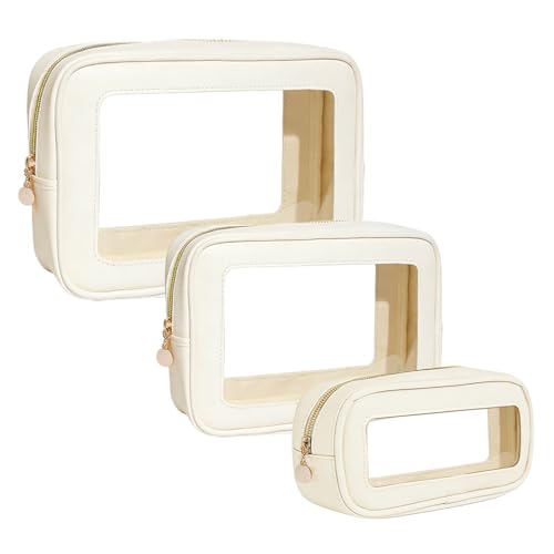 3-Piece Travel Clear Makeup Bag Set, Small Large Clear Cosemetic Bag with Makeup Brush Bag Waterproof Makeup Pouch with Zipper Toiletry Bags For Traveling Car Accessories for Women (White Set) - color: White Set