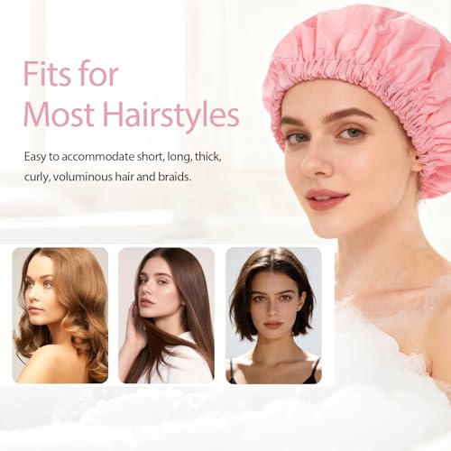 Shower Cap for Women Reusable Waterproof, Large Bath Cap with Elastic Band, Hair Caps for Long Hair and Braids, Pink - color: Pink
