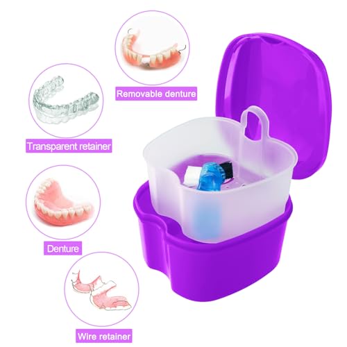 2 Pack Denture Case Dental Mouthguard Case, Denture Bath Box Cleaning with Brush, Strainer Basket and Lid Waterproof - Purple and Blue - color: Purple & Blue