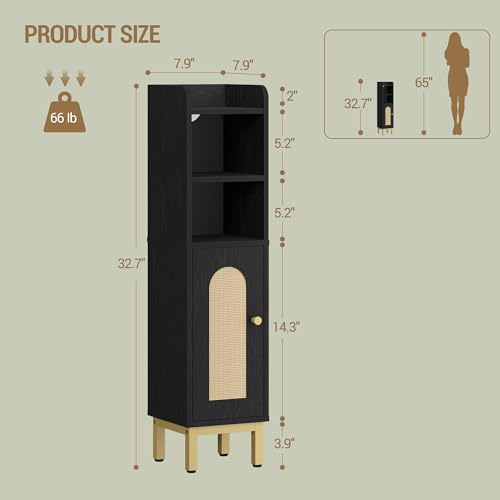 Hzuaneri Bathroom Storage Cabinet, Small Corner Floor Cabinet with Door and Shelves, Narrow Toilet Paper Holder, Bathroom Organizer with Adjustable Shelf, for Small Spaces, Rattan Black BC08204Y - color: Rattan Black, size: 7.9"D x 7.9"W x 32.7"H