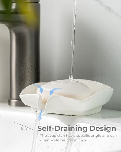 Soap Dish with Waterfall Design, Ceramic Soap Holder Self Draining Bar Soap Saver for Sink Bathroom Shower Kitchen to Keep Organized and Clean, White - color: White, size: Rectangular