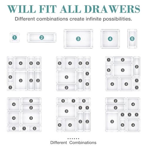StorMiracle 25 PCS Drawer Organizer Set, 4 Varied Size Bathroom and kitchen Drawer cabinet organizer Trays, Clear Storage Bins for Makeup, Jewelry, Utensils and Gadgets - color: Clear, size: 25 PCS
