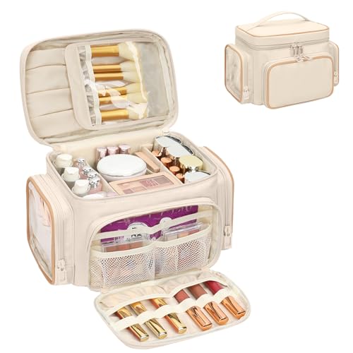 Bagmoly Large Makeup Bag, Portable Travel Makeup Bag Organizer for Women Girls with Makeup Brush Compartment & Two Side Pockets, Cosmetic Travel Bag Vertical Storage Toiletry - White - color: 02-White, size: Medium