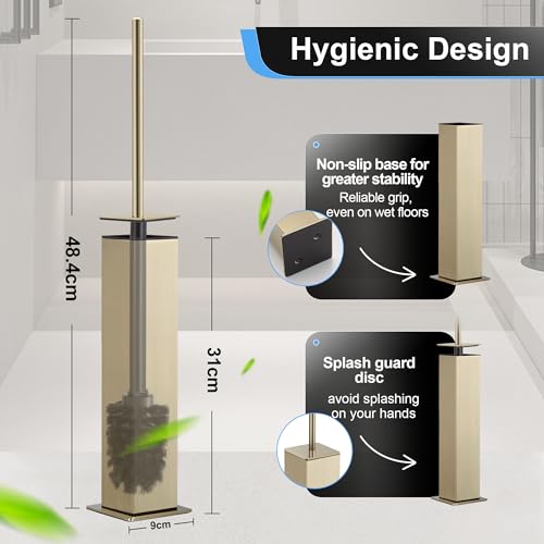 BVL Toilet Brush and Holder Set Brushed Gold Stainless Steel 304 Square Freestanding Toilet Brush for Bathroom - color: Brushed Gold
