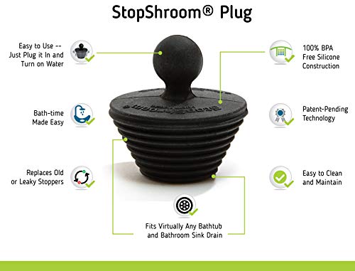 StopShroom Tub 2 Pack Universal Stopper for Bathtub and Bathroom Sink Drains, Black Plug 2pk, 2 Count