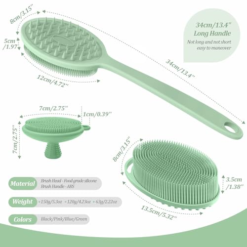 Silicone Back & Body & Face Scrubber Set 3PCS, Gentle Exfoliating Back & Body Scrubber with Dual-Side Brush Head, Hygienic Silicone Loofahs with Soft Bristle and Non-Slip Handle(Green-3PC) - color: Green*3