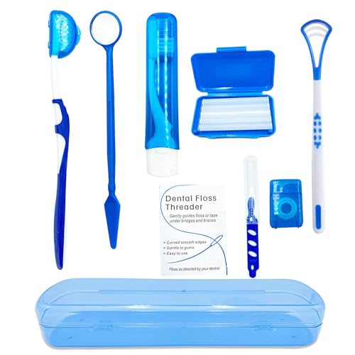 Portable Orthodontic Oral Care Kit for Braces - Interdental Brush Dental Wax Dental Floss Toothbrush Cleaning Kit(Blue) - color: Blue