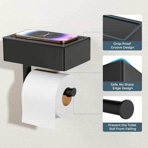 FORIOUS Toilet Paper Holder with Shelf, Sanitary Napkin Receptacle Tampon Holder, Wall Mount Toilet Paper Holder with Storage, Flushable Wipes Dispenser Fits for Bathroom Commercial(2, Matte Black) - color: Matte Black, size: 2 Pack-8" (L)