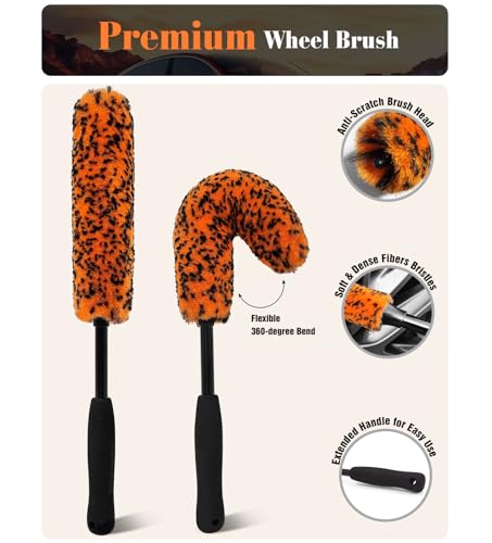 YeewayVeh 3PCS Quick Car Wheel Brush Kit, 2-Size 360° Bendale Rim Cleaner Brushes, Boars Hair Detailing Brush, Fast Scratch-Free Cleaning for Car Wheels, Motorcycle, Orange - color: Orange, size: 3 Pack