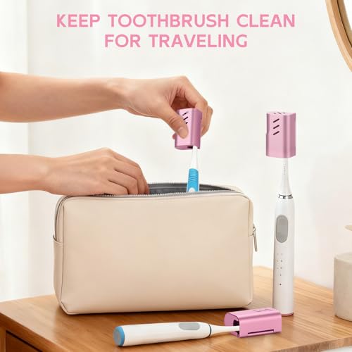 2PCS Aluminum Toothbrush Head Caps, Travel Toothbrush Top Cover, Portable Protector Clip Pod Fits Most Manual and Electric Toothbrush Heads for Household Traveling, Camping, School, Business - Pink - color: Pink-2pcs