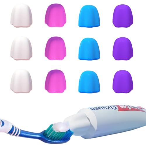 Toothpaste Lids Self-Sealing Caps, 12 Count | No Waste Dispenser, Food Grade Silicone, Mess Free Squeezer, For Kids & Adults, Bathroom Accessories