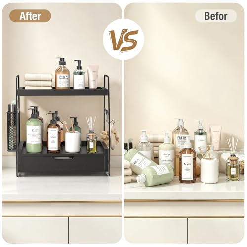 2-Tier Bathroom Counter Organizer with Drawer and Removable Basket, Wood Vanity Countertop Storage for Perfume, Makeup, Skincare, Bathroom Counter Shelf, 13" x 7.9" x 14.5", Black - color: Black