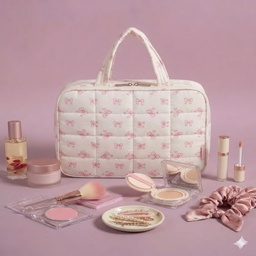 SOIDRAM Travel Toiletry Bag for Women Pink Bow Hanging Makeup Organizer for Toiletries Large Capacity Cosmetic Bag Cute Aesthetic Toiletry Kit for Travel