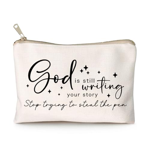 God is Still Writing Your Story Travel Bag Funny Christian Women of the Bible Makeup Bag Bible Quote Christian Quotes Scripture Makeup Pouch Linen Cotton Bag - color: God is writing