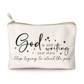 God is Still Writing Your Story Travel Bag Funny Christian Women of the Bible Makeup Bag Bible Quote Christian Quotes Scripture Makeup Pouch Linen Cotton Bag - color: God is writing