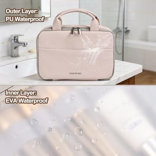 Greenfeather Hanging Toiletry Bag for Women, Compact 3-Layer PU Leather Organizer with Hook – Cosmetic & Makeup Travel Bag, Washable Waterproof EVA, Spacious Foldable Case for Weekend Trips - color: Warm Nude