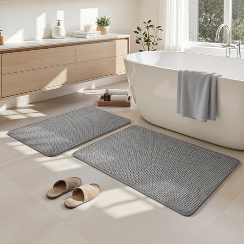 HOMEIDEAS Bathroom Rugs Set 2 Piece, Ultra Thin Non-Slip Bath Mats Rubber Backed, Chenille Absorbent Quick Dry Mats for Shower & Vanity, Low Profile Fits Under Door (Grey, 32"x20"+24"x17") - color: Grey