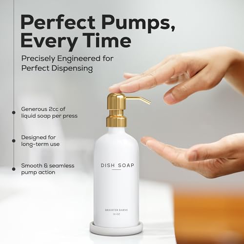 Luxury Glass Dish Soap Dispenser for Kitchen Sink by Brighter Barns - Modern Kitchen Soap Dispenser Set - Refillable Glass Pump Bottle and Tray - White and Gold Home Decor and Accessories, Gift (Gold) - color: Gold D