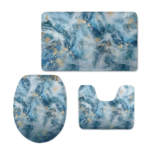 Blue Marble Texture Bathroom Rugs Sets 3 Piece Toilet Cover and Rug Set Toilet Seat Cover and Rug Set Toilet Lid Cover with Non-Slip Bottom Toilet Lid Cover Set with U-Shaped Rug - color: Blue Marble Texture