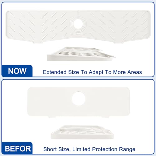 Faucet Mat for Kitchen Sink – 24” x 5.1” Extra-Long Silicone Splash Guard with 10° Slope & Upgraded Drainage – Gen 3 Sink Water Catcher & Sponge Holder for Kitchen, Bathroom (White) - color: White, size: 24 in