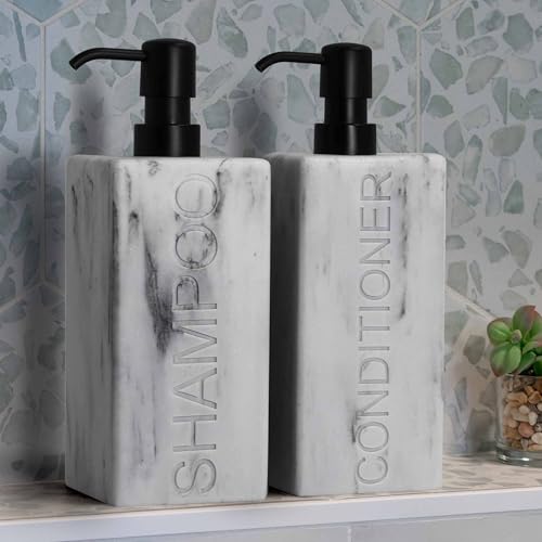 Rectangular Resin Dispenser Premium Bathroom Shampoo Conditioner Body Wash Bottle Modern Refillable Pump Design - color: Marble