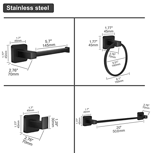 Bathroom Hardware Set 4 Pieces, Matte Black Stainless Steel Towel Bar Set, Includes 20In Towel Bar, Towel Ring, Robe Towel Hooks,Toilet Paper Holder, Bathroom Towel Rack Set - color: Black, size: 20Inch