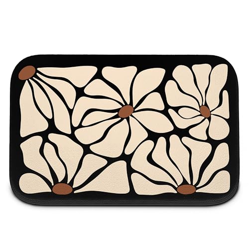 Boho Black and Beige Bath Mat | Black Floral Bathroom Rugs, Non Slip, 16x24 - color: Abtract Floral