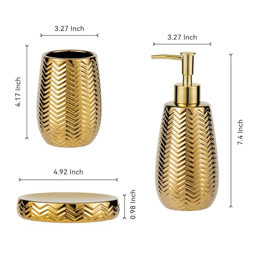 Gold Bathroom Accessories 4pcs Stylish Bathroom Accessories Set Gold Soap Dispenser Pump, Tumbler, Soap Dish and Trash Can Modern Decor Wavy Design Ceramic Bathroom Accessory Set