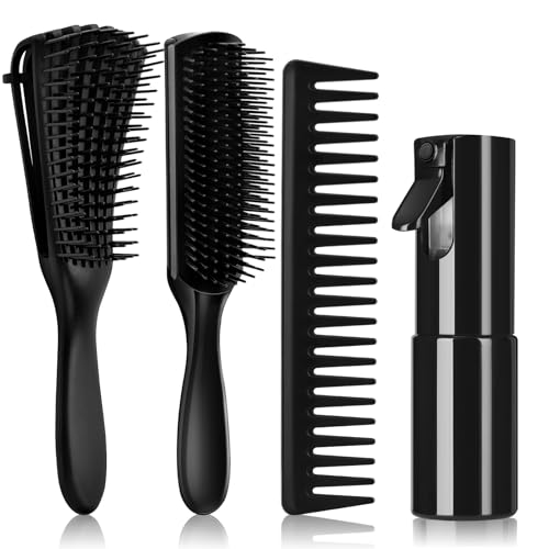 Hommtina 4pcs Detangling Brush Set for Curly 3/4abc Hair - No Pain Detangler, Anti-Static 9 Row Brush, Wide Tooth Comb & Spray Bottle for Women Men Wet Dry Hair (3 PCS, Black+Black) - color: Black+Black, size: 3 PCS