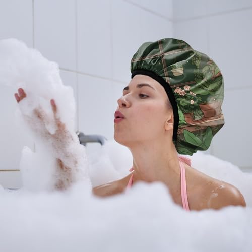 Luxury Shower Cap Terry Lined Reusable Triple Layer Waterproof Hair Elastic Caps Shower Bath Hat for Women Girls Cute Aesthetic-Frog - color: AL18-Frog
