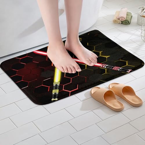 Light Up Sword Non Slip Bath Mat Kids Geometric Honeycomb Hexagon Bathroom Rug for Boys Girls Adult Neon Colorful Red Yellow Shaggy Absorbent Floor Mat 3D Black Bath Indoor Doormat Decor,20"x32" - color: Lightsaber 2, size: 20" x 32"