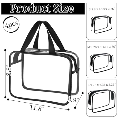 4 Packs Large Clear Cosmetic Bag, Waterproof Clear Makeup Toiletry Organizer Pouch, Reusable PVC Plastic Storage Bags with Zipper for Travel - color: Black