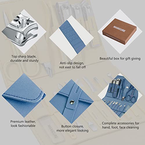Manicure Set Professional Nail Clippers Pedicure Kit, 16 pcs Stainless Steel Nail Care Tools Grooming Kit with Luxurious Travel Leather Case for Thick Nails Men Women Gift (Blue) - color: Blue